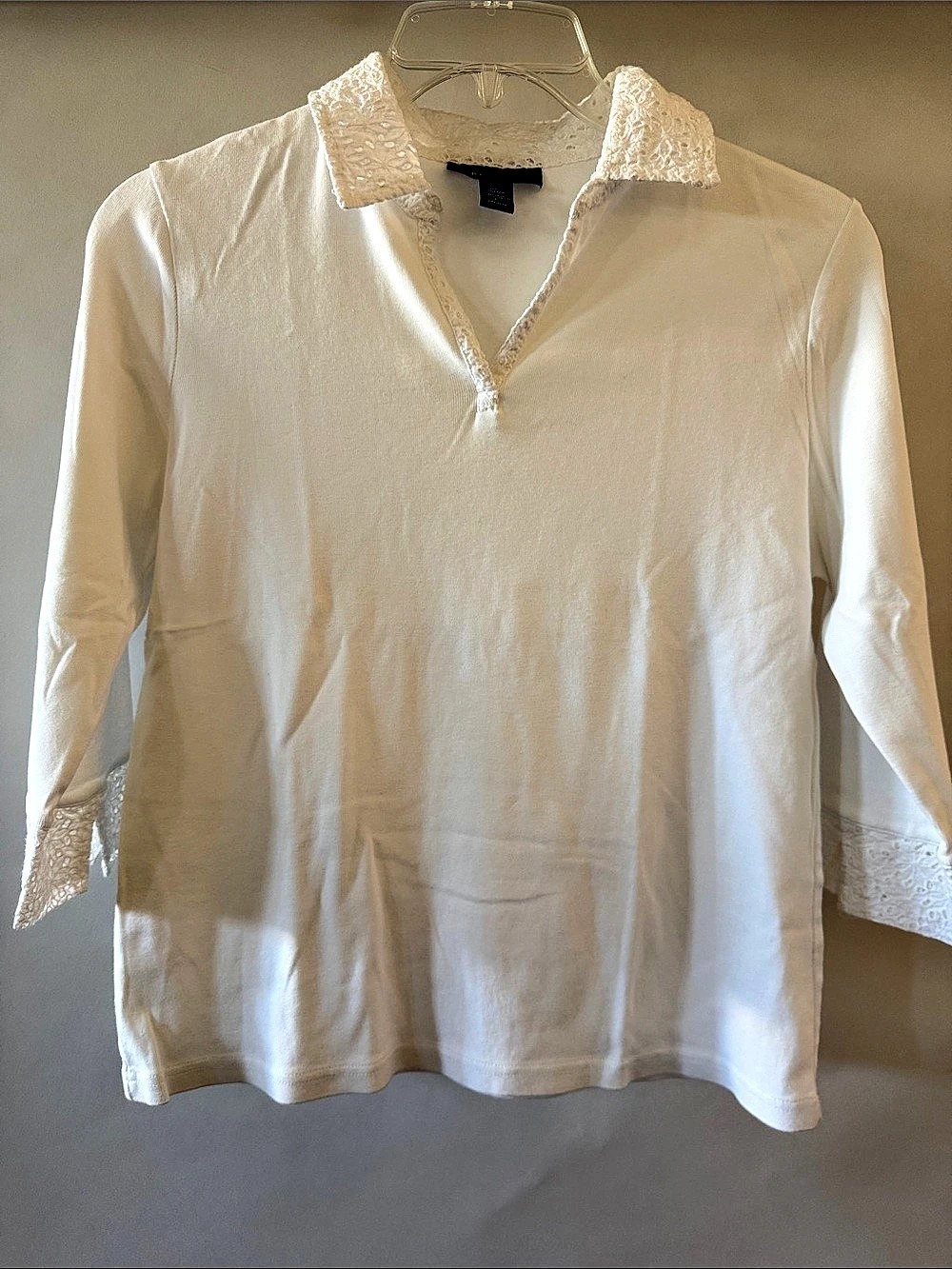 Karen Scott Lace Trim 100% Cotton Long Sleeve White Large